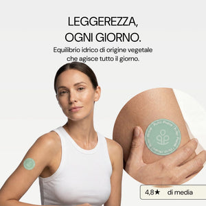 Donna con il patch Depuff Please sul braccio: leggerezza ogni giorno