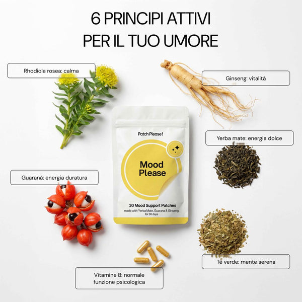 6 principi attivi per il tuo umore: rhodiola, ginseng, yerba mate, tè verde, vitamine B, guaranà