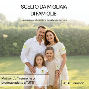Famiglia con i patch No Bite Please sui vestiti
